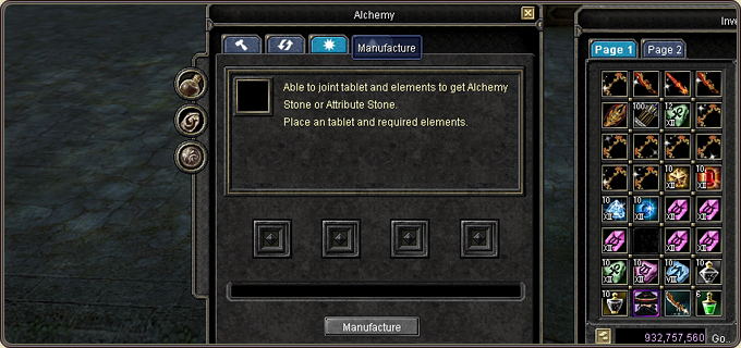 The Manufacture tab: joining the tablet and the elements produces an Alchemy Stone or an Attribute Stone